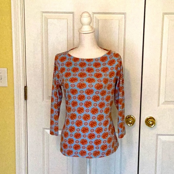 J. McLaughlin Blue Patterned Top w/ Bracelet Length Sleeves - Picture 2 of 10